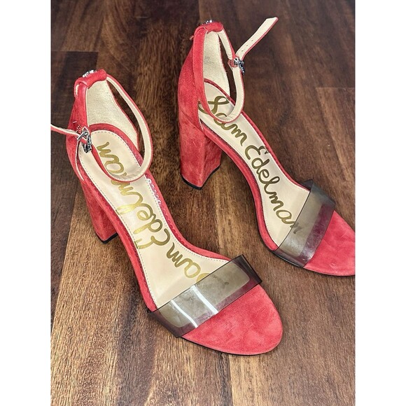 Sam Edelman Yaro Ankle Strap Block Heels Red Suede Size 8.5 EUC! - Picture 1 of 4